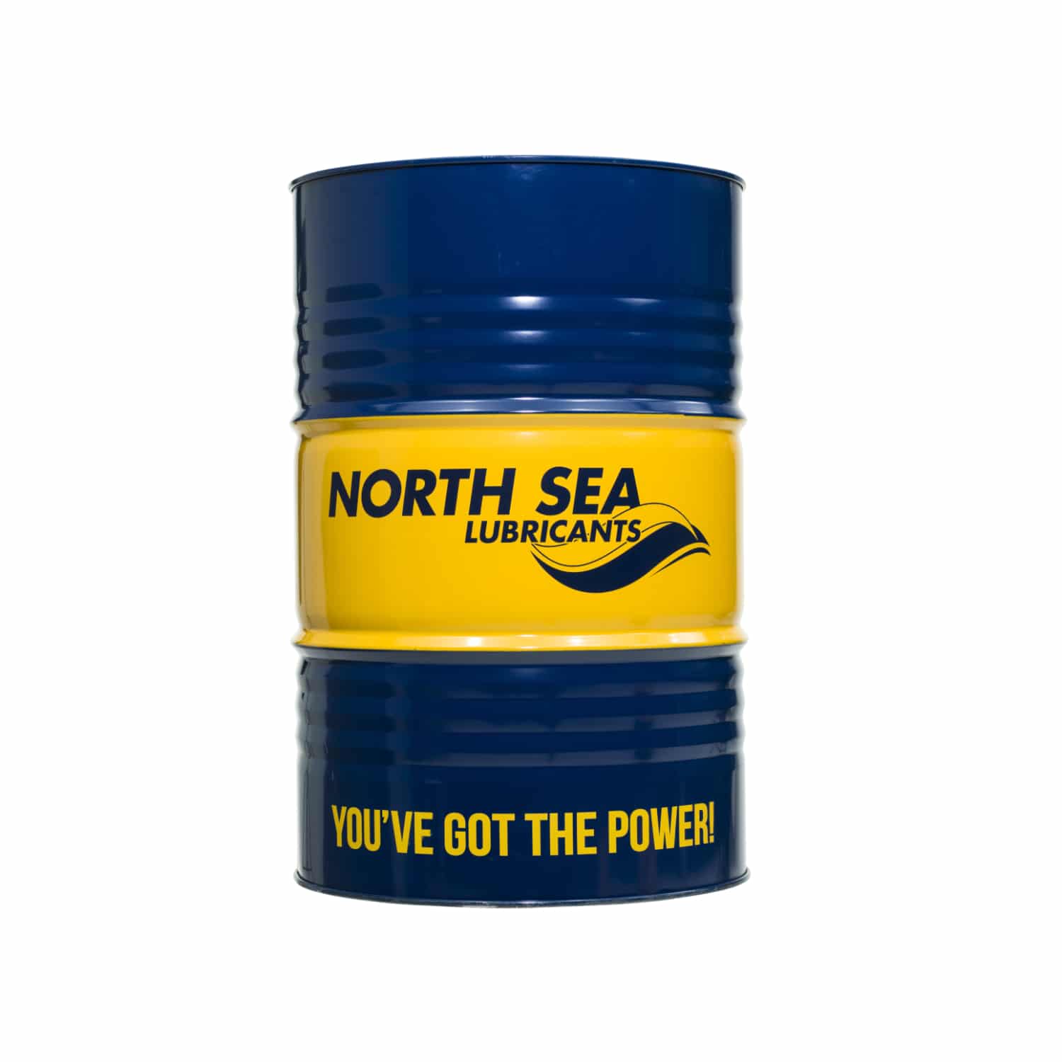 Sini-keltainen North Sea Lubricantsin 200 litran voiteluainetynnyri.