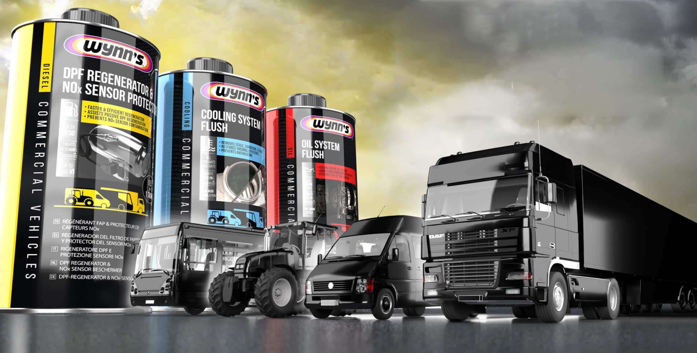 Wynn's lisaaineiden tuotepaketteja erilaisten ajoneuvojen taustalla.